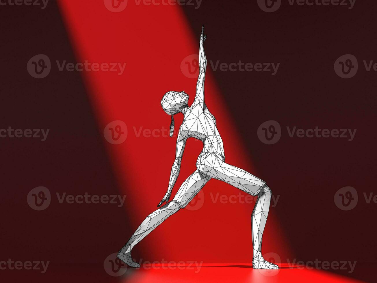 Yoga pose - low polygon girl stands in a yoga pose under a ray of light - back view photo