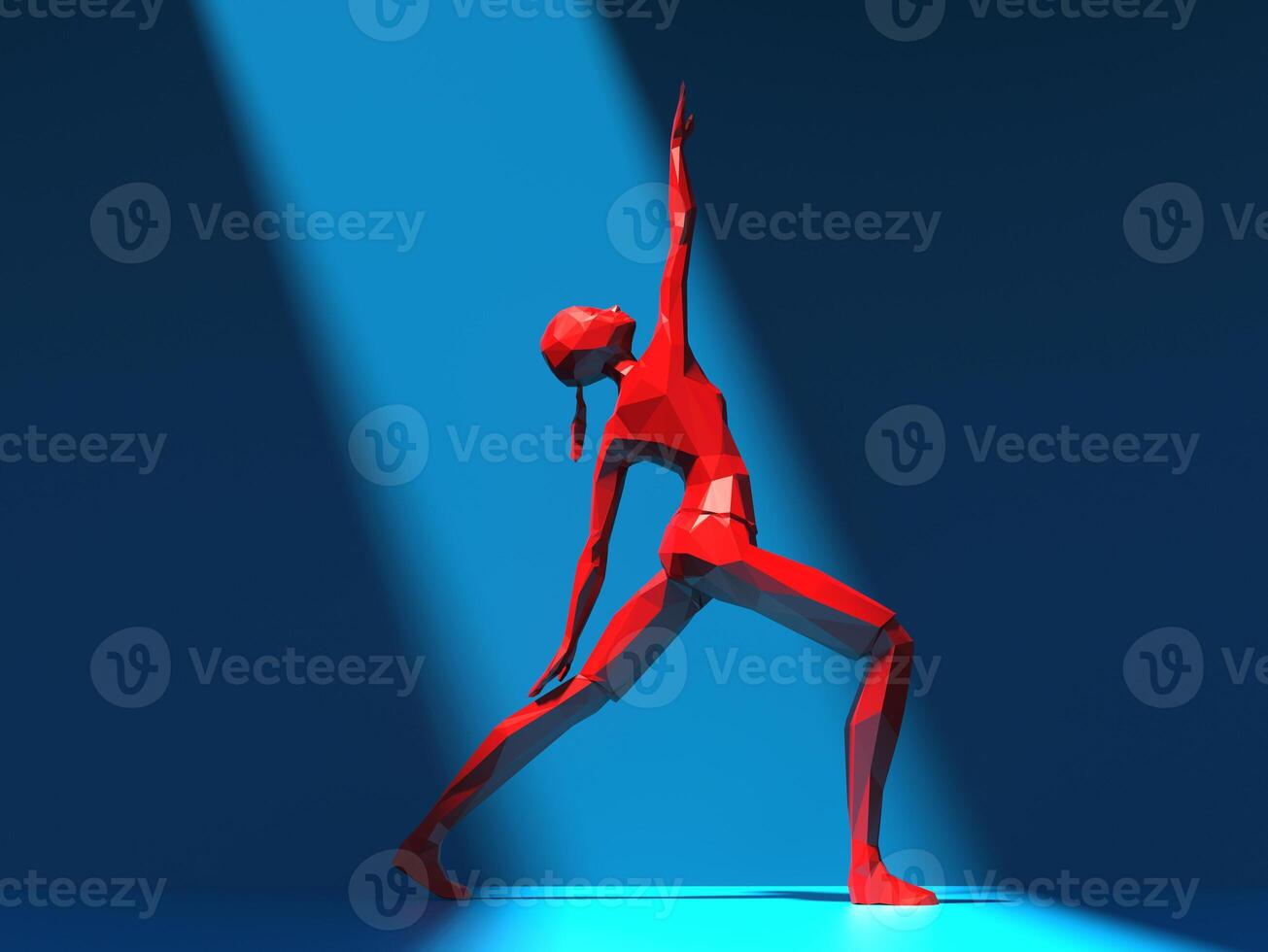 Red low polygon girl doing yoga in blue room in ray of sunlight photo