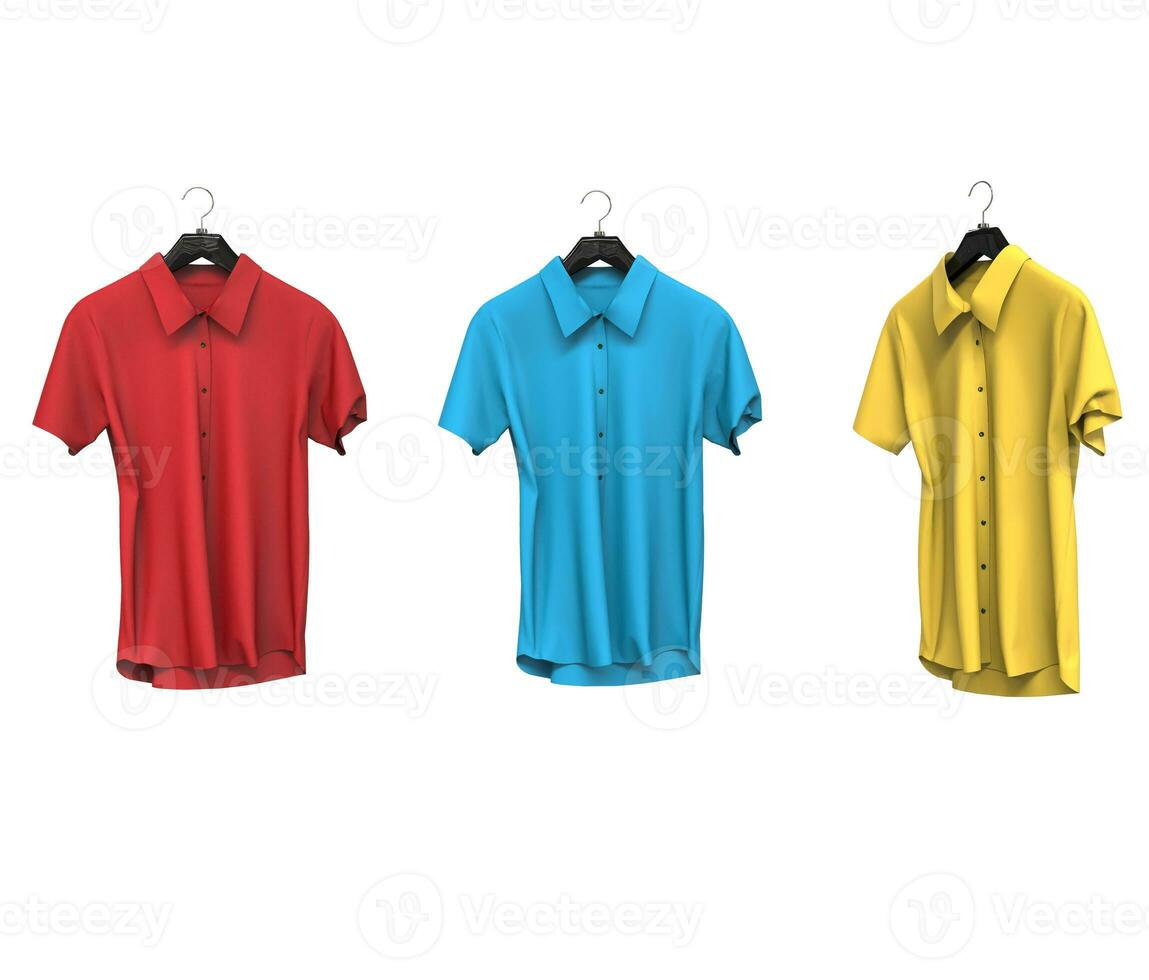 Red, blue and yellow short sleeve shirts isolated on white background. photo