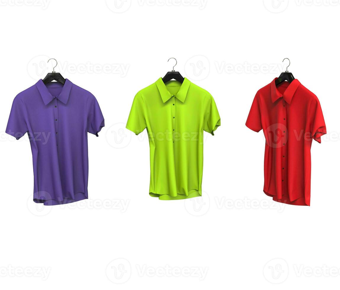 Purple, green and red short sleeve shirts isolated on white background. photo