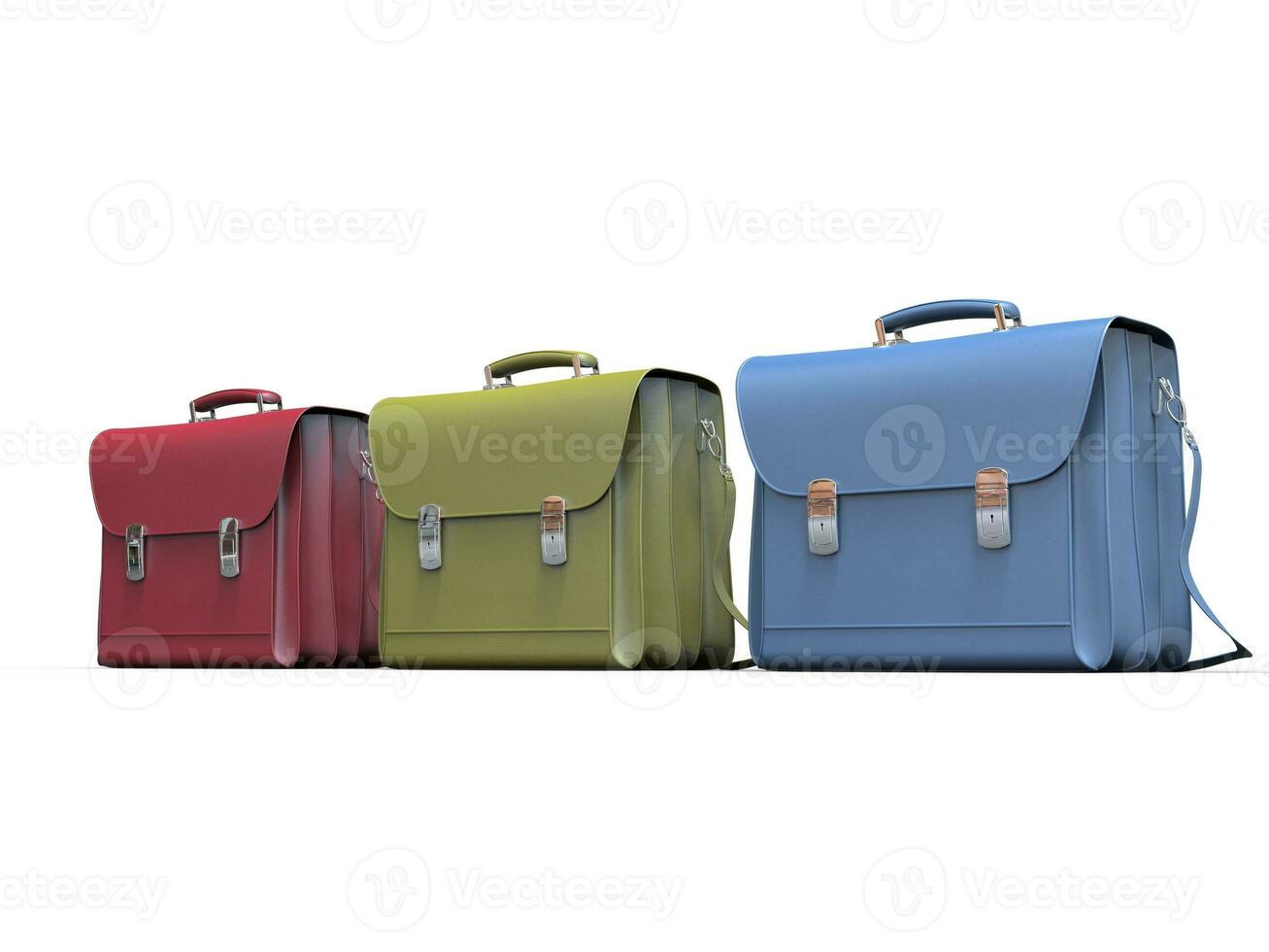 Red, green and blue leather briefcases photo