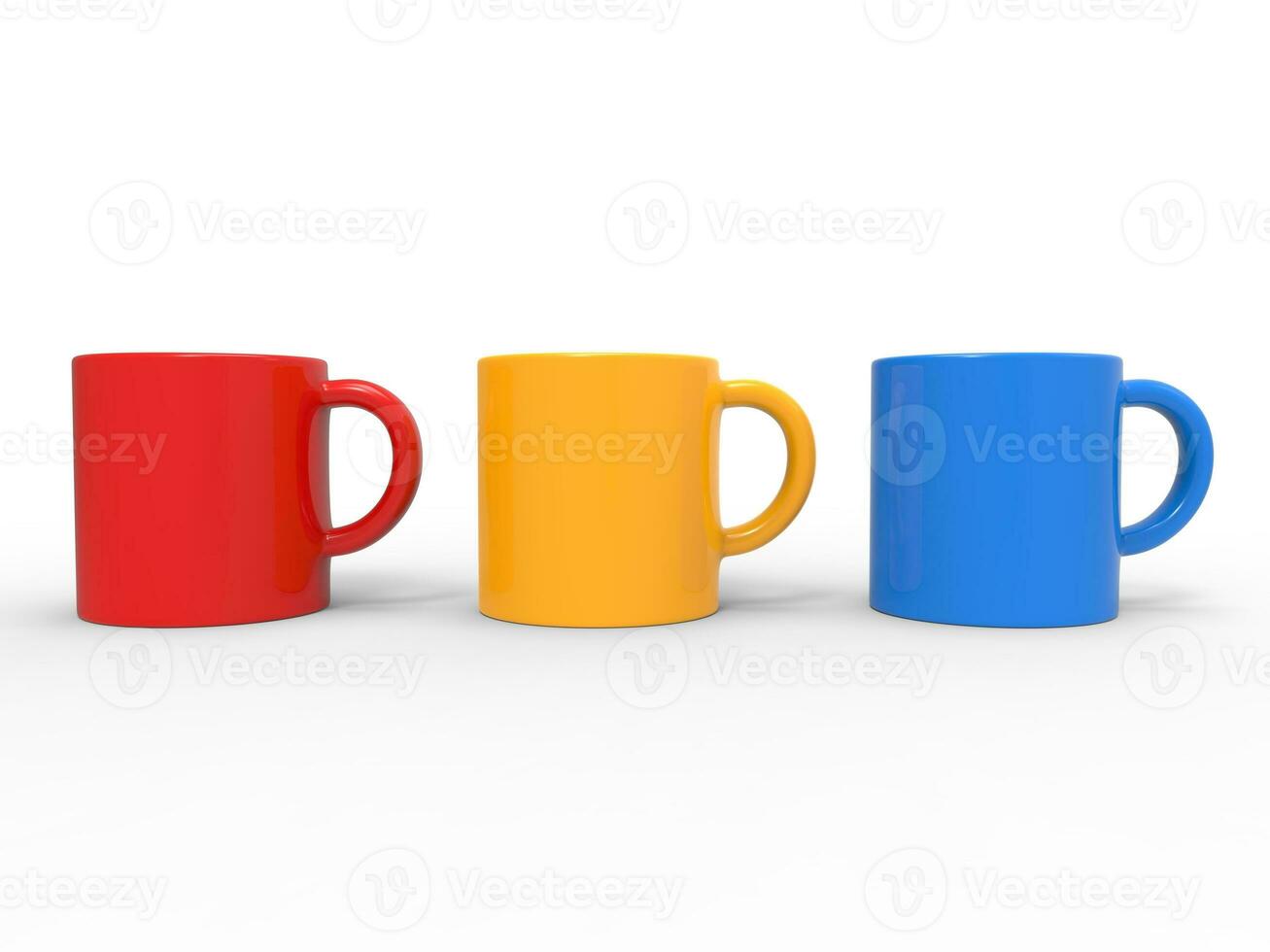 Coffee mugs in primary colors - red, yellow and blue - 3D Illustration photo