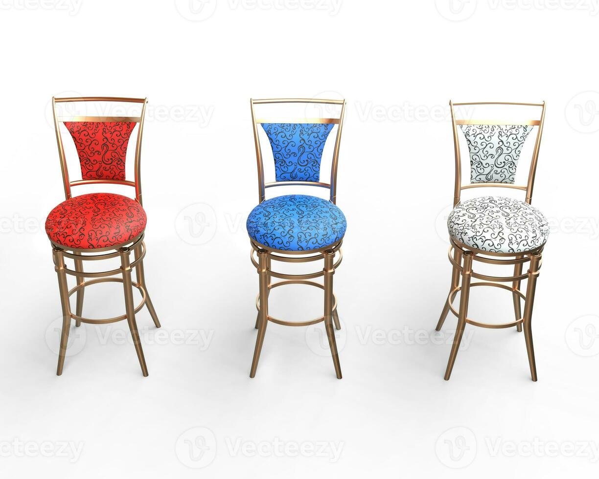 Red, blue and white coffee shop chairs on white, top view. photo