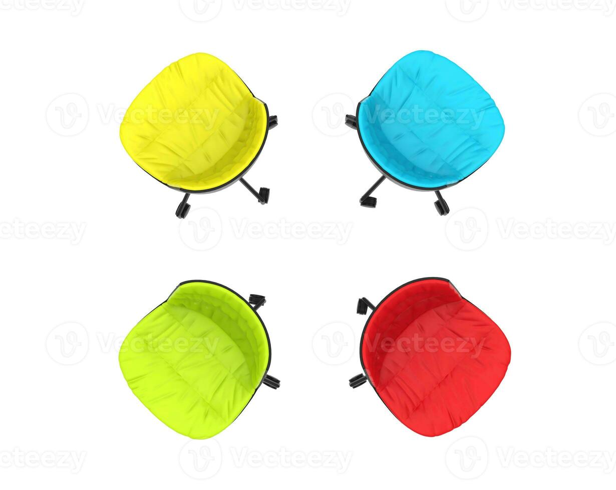 Four colorful office chairs on white background - top view. photo