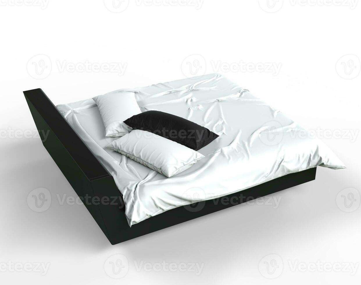 Modern bed with black and white pillows - top view photo