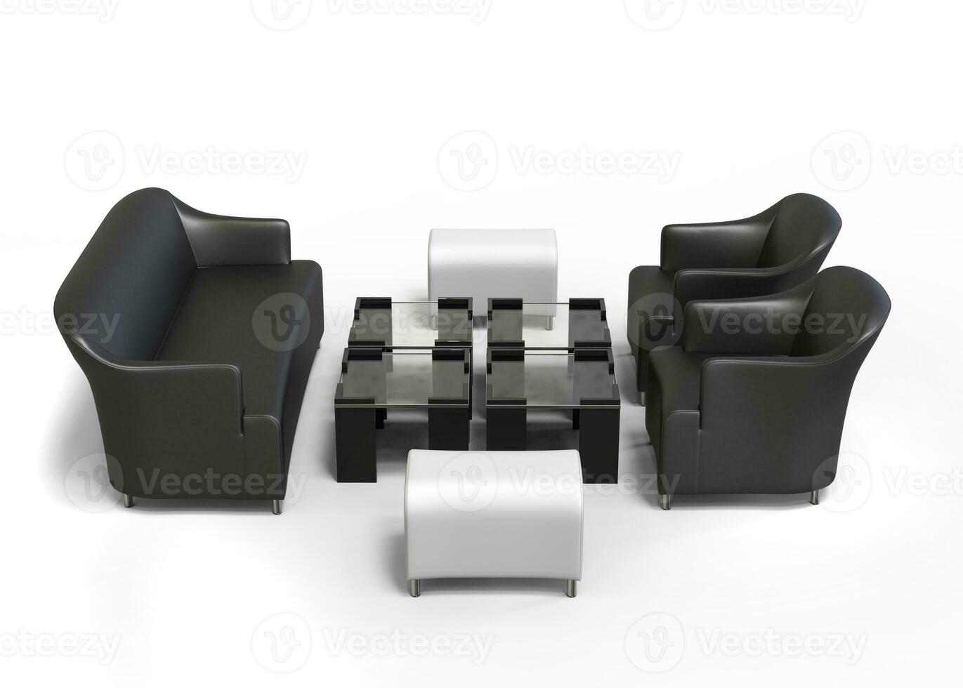 Living room set - sofa, two armchairs, coffee tables and ottomans - top view - 3D Render - isolated on white background photo