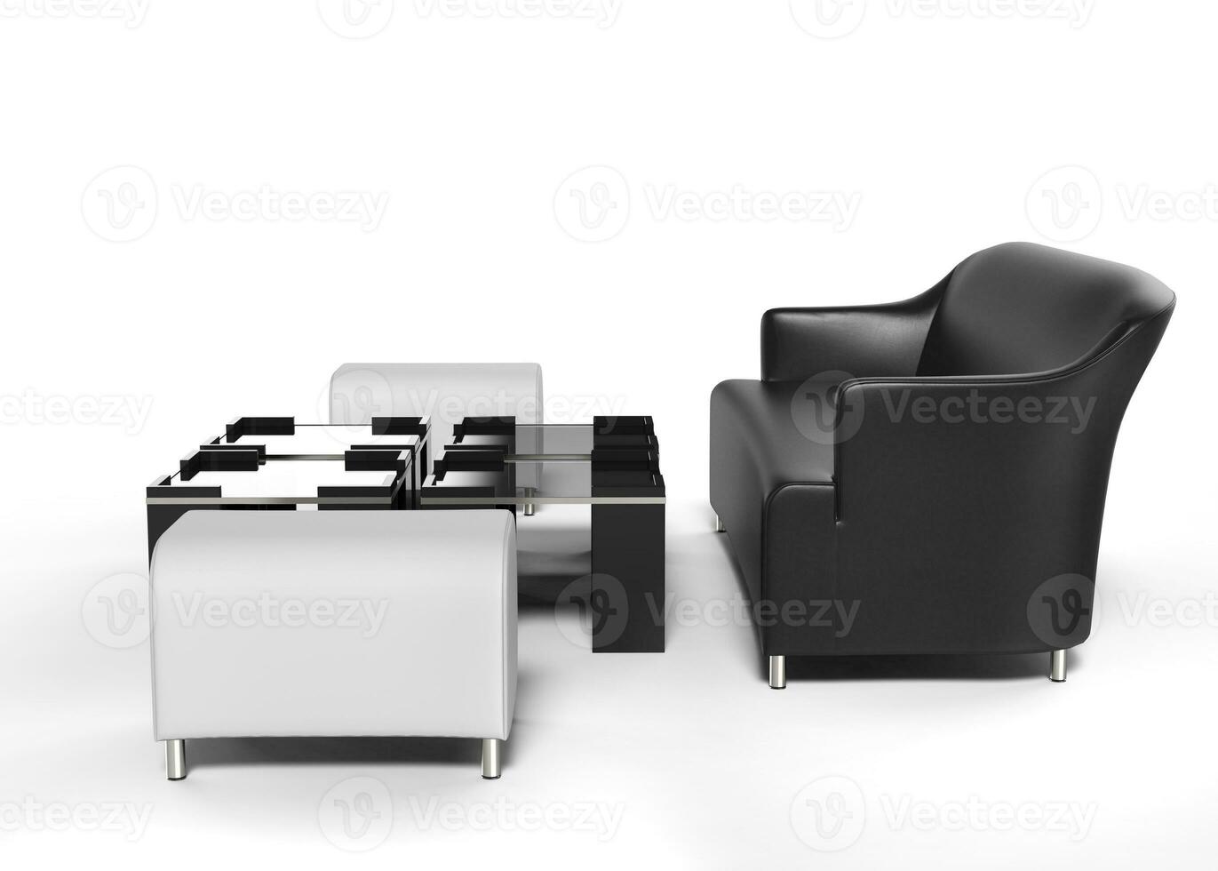 Black sofa with white ottomans on the side and coffee tables in front of it - isolated on white - 3D render photo