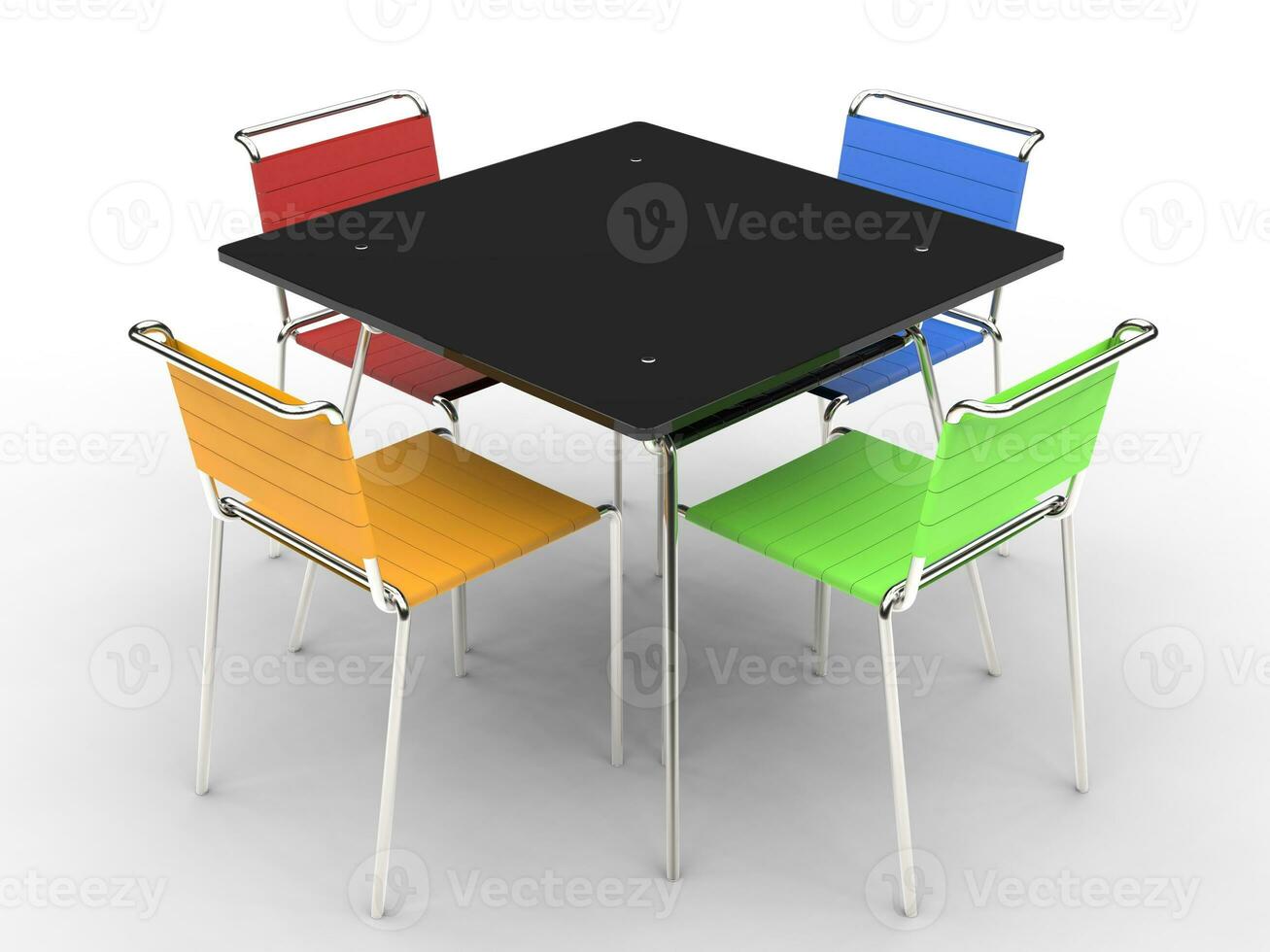 Small black dining table with colorful chairs - on white background - 3D render photo