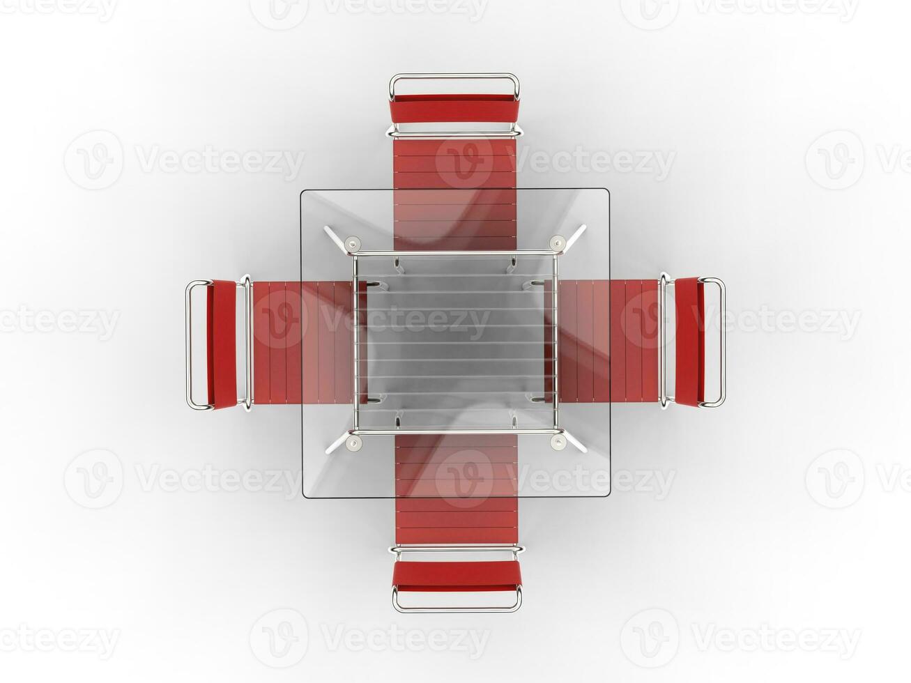 Glass table with four red chairs - on white background - 3D illustration photo