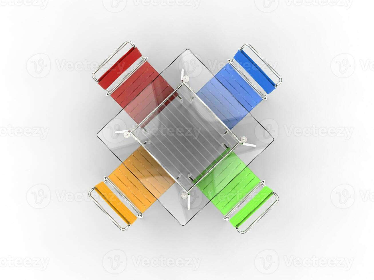Small glass dining table with colorful chairs - top view - on white bacground - 3D render photo