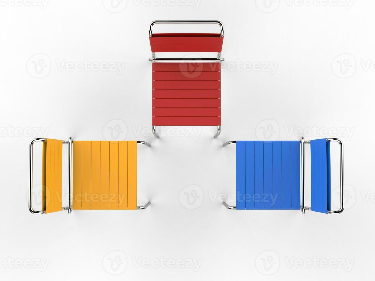 Three colorful chairs - top view - isolated on white background 3D render photo