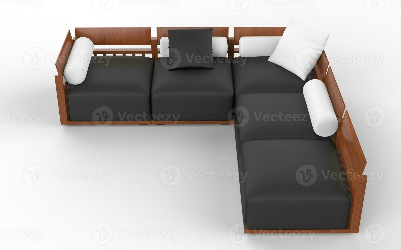 Corner sofa with wooden headrests, black seats and white pillows - top view photo