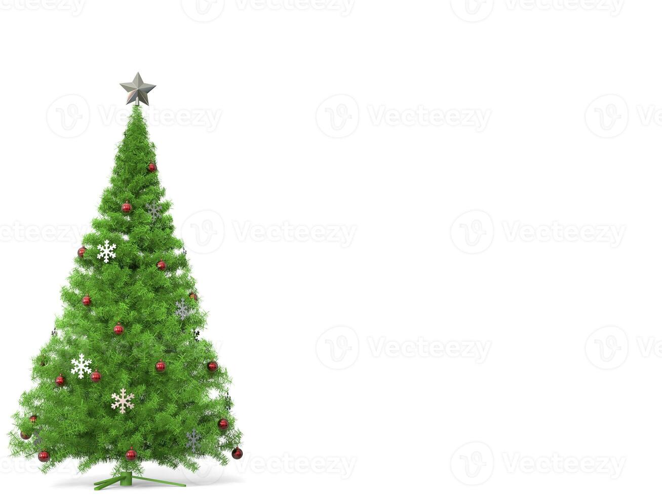 Traditional Christmas tree with silver snowflake decorations and red baubles photo