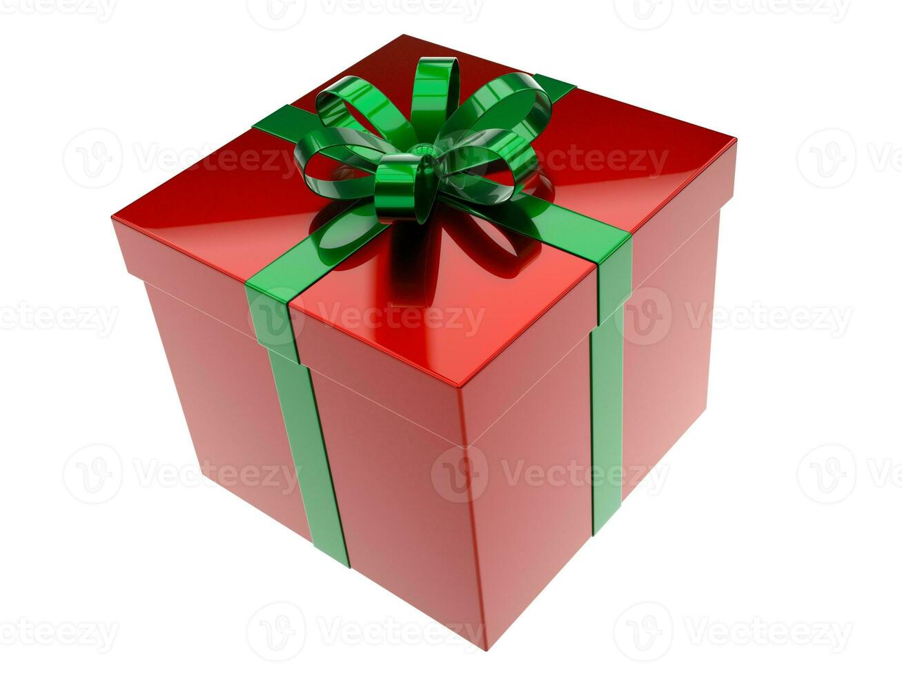 Shiny red Christmas gift box wrapped with green ribbon photo