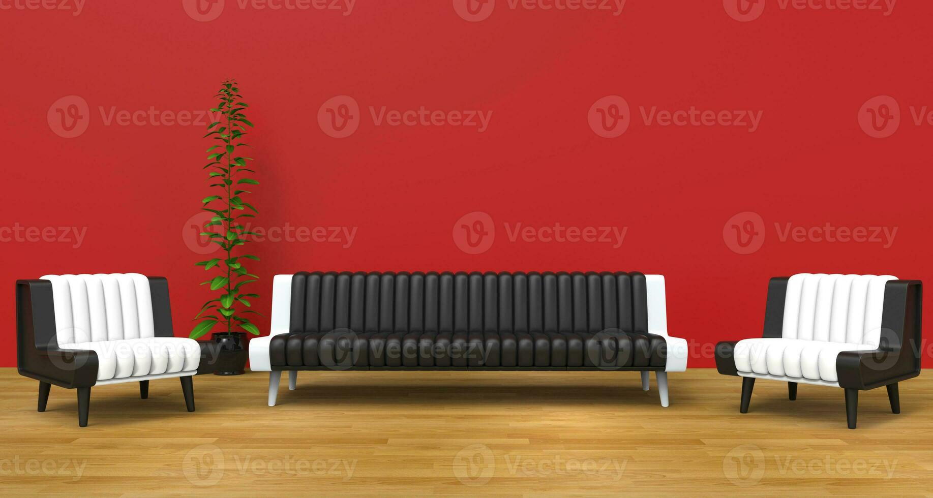 Red Lounge Room With Black and White Furniture photo