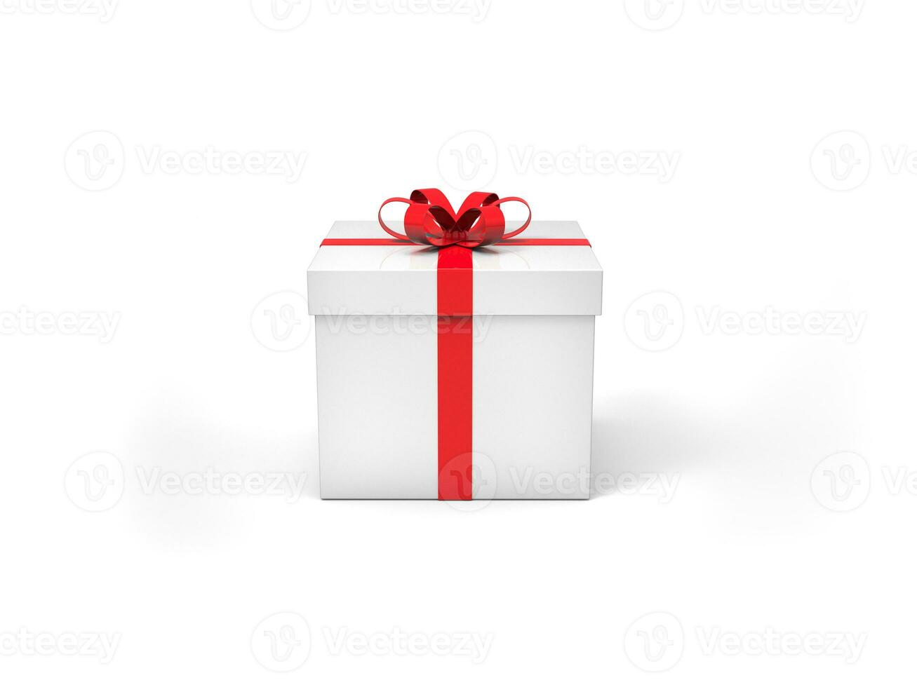 Shiny white gift box with red ribbon - isolated on white background photo