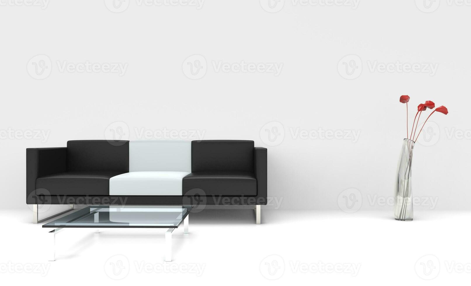 All white interior - black and white sofa and glass table with red flowers in the corner photo