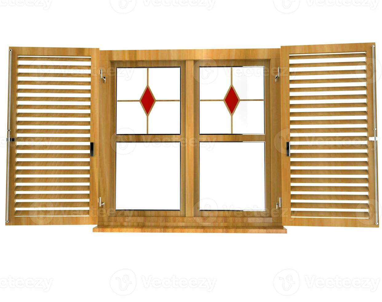 Window with stained glass and open shutters - front view photo