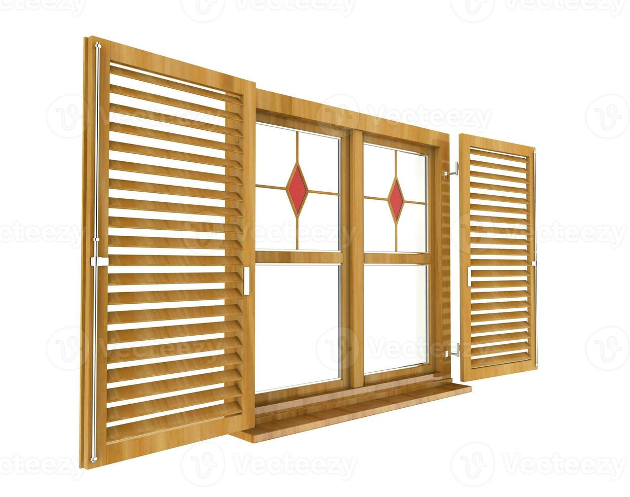 Window with stained glass and open shutters photo
