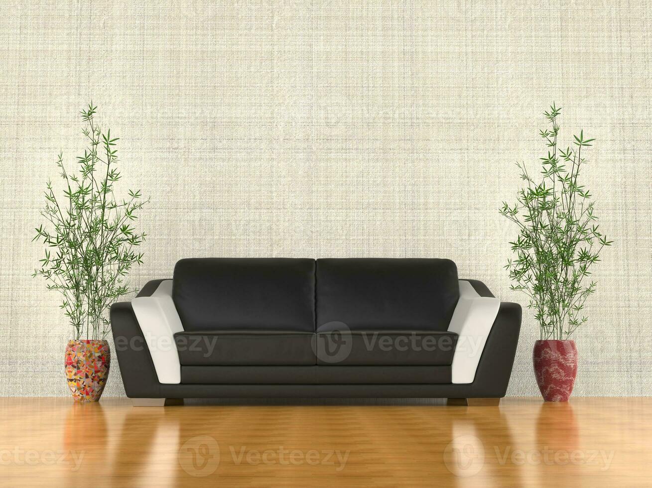 Modern sofa in the living room with two plants photo