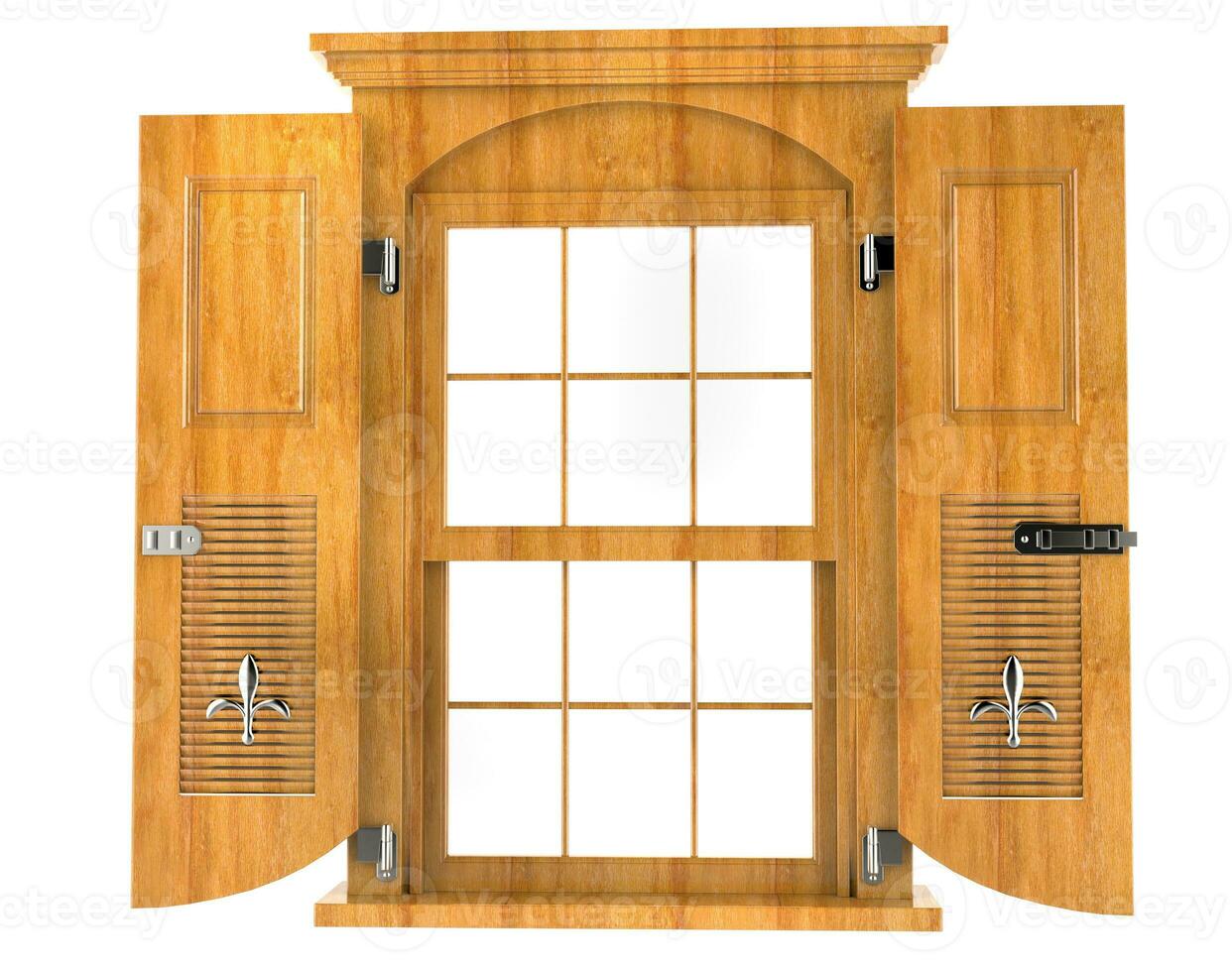 Bright wooden window with shutters - front view photo