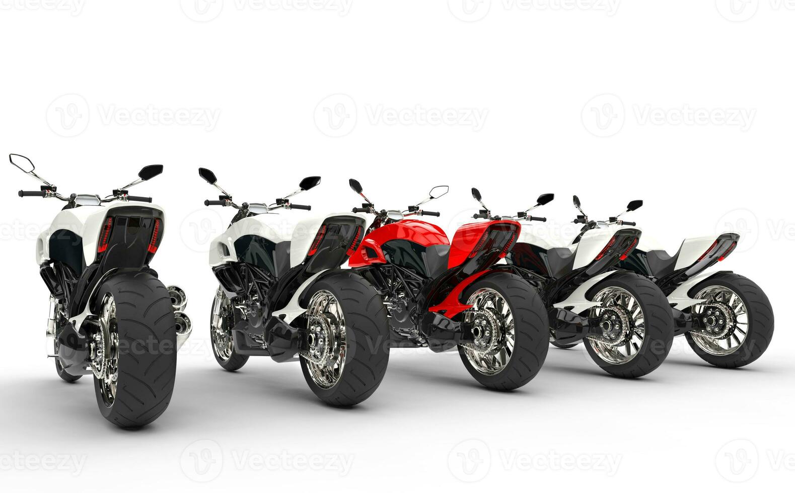 Cool motorcycles - red one stands out - back view - isolated on white background photo