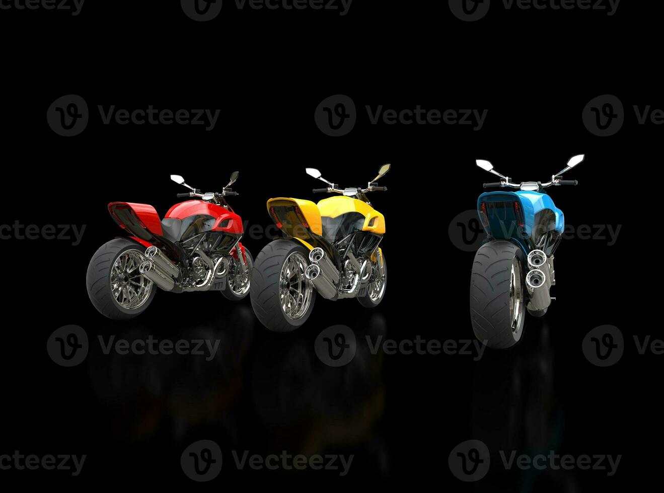 Sports motorcycles - red yellow and blue - back view - isolated on black reflective background photo