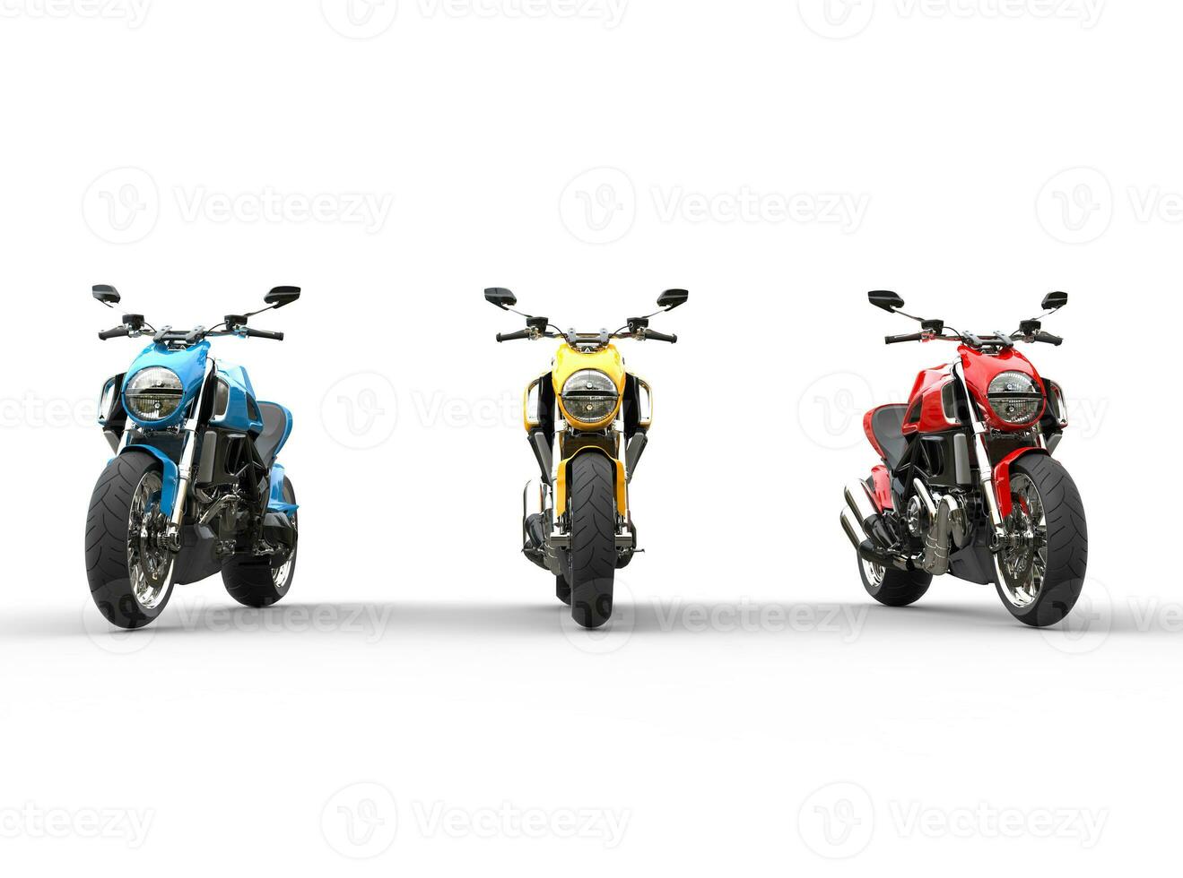 Three sports motorcycles in a row - front view - isolated on white background photo