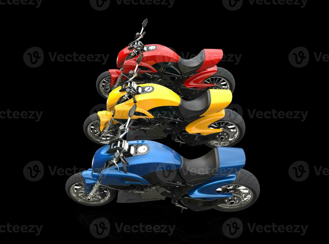 Sports motorcycles - red yellow and blue - isolated on black background photo