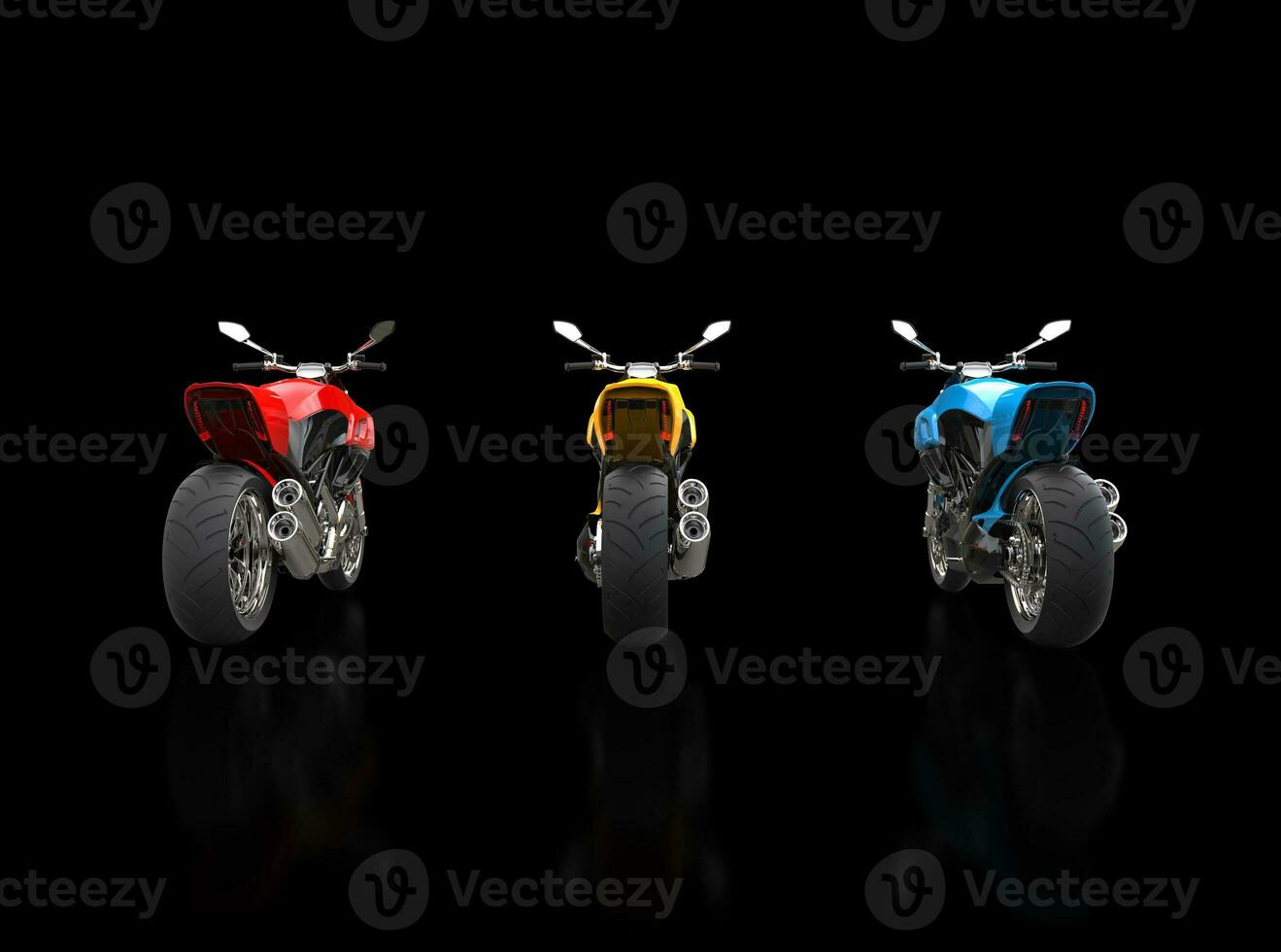 Red, Yellow and Blue sports motorcycles - back view - isolated on black photo