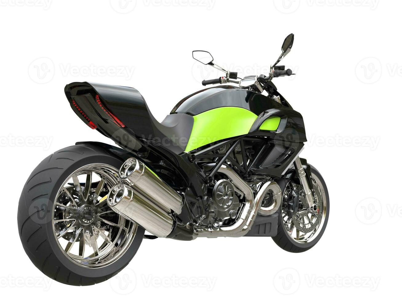 Black sports motorcycle with green details - back view photo