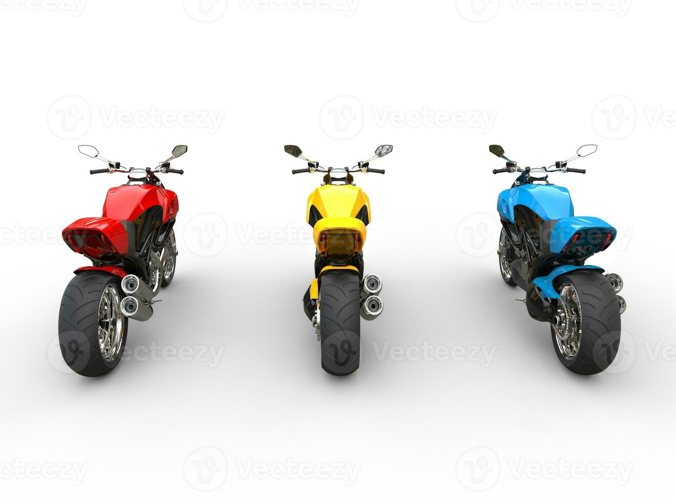 Three sports motorcycles in a row - back view - isolated on white background photo