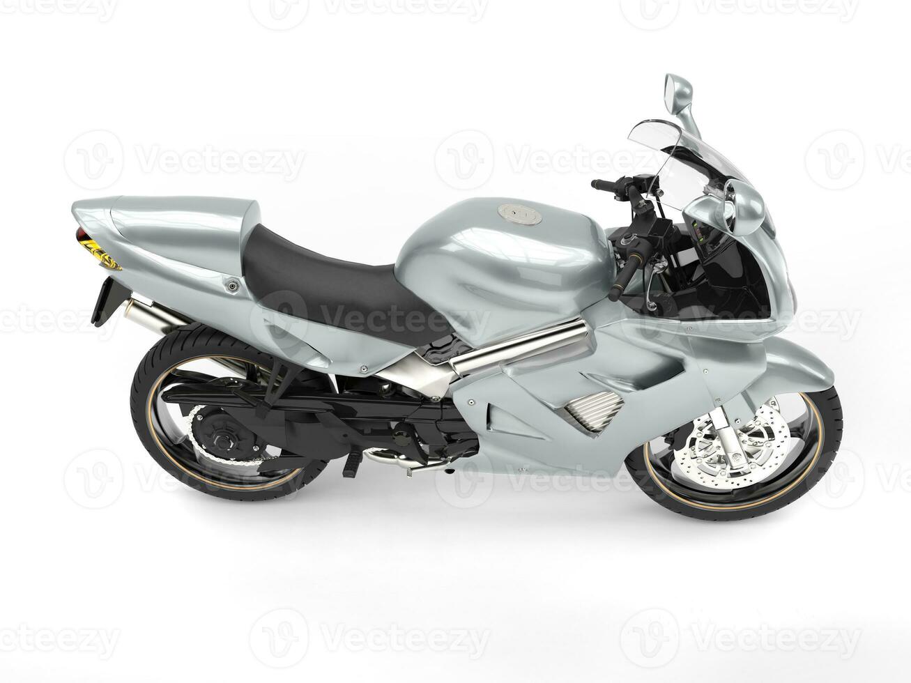 Shiny silver super motor bike - top down side view photo