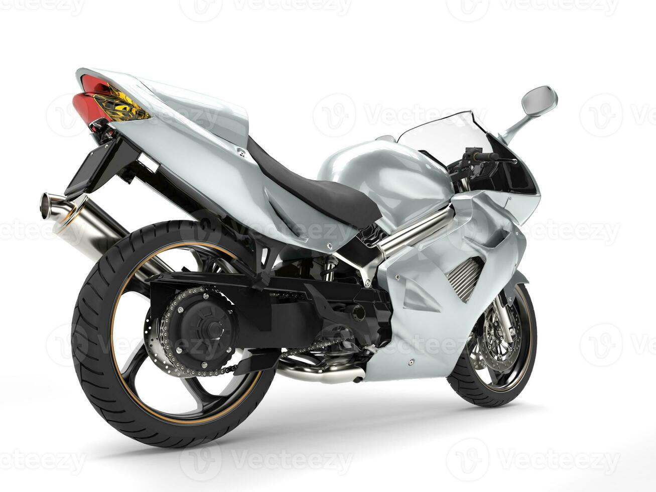 Shiny silver super motor bike - tail view photo