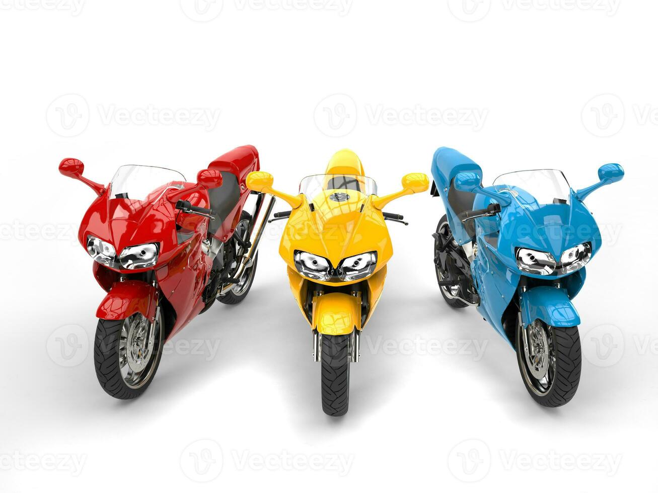 Red, yellow and blue modern super sports bikes - top front view photo