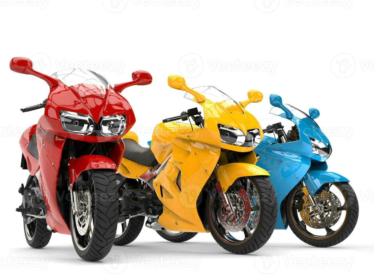 Red, yellow and blue modern super sports bikes - low angle closeup shot photo
