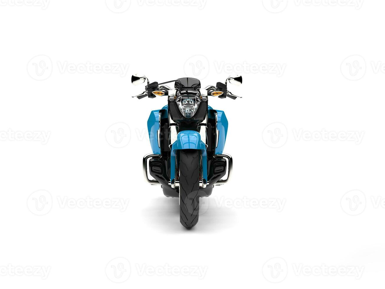 Powerful modern blue chopper motorcycle - front view photo