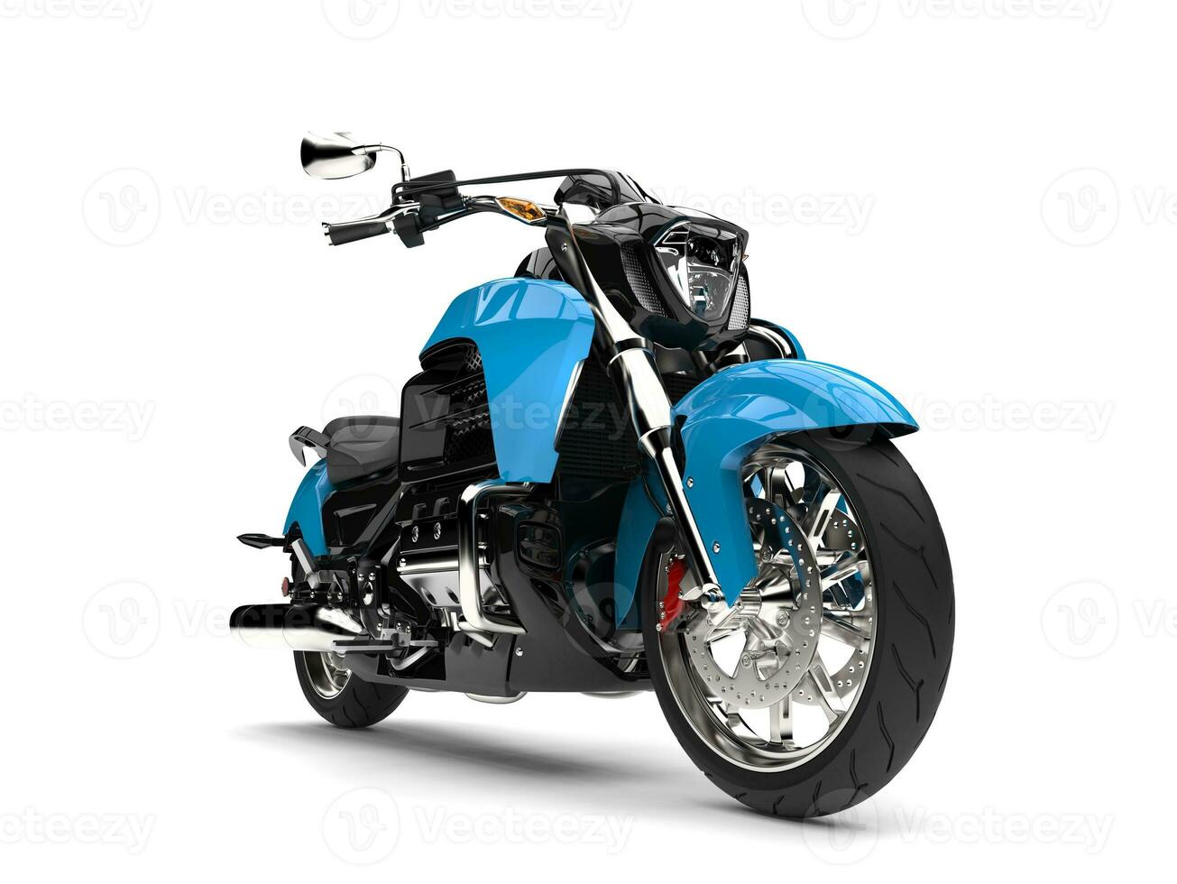 Powerful modern blue chopper motorcycle - closeup shot photo