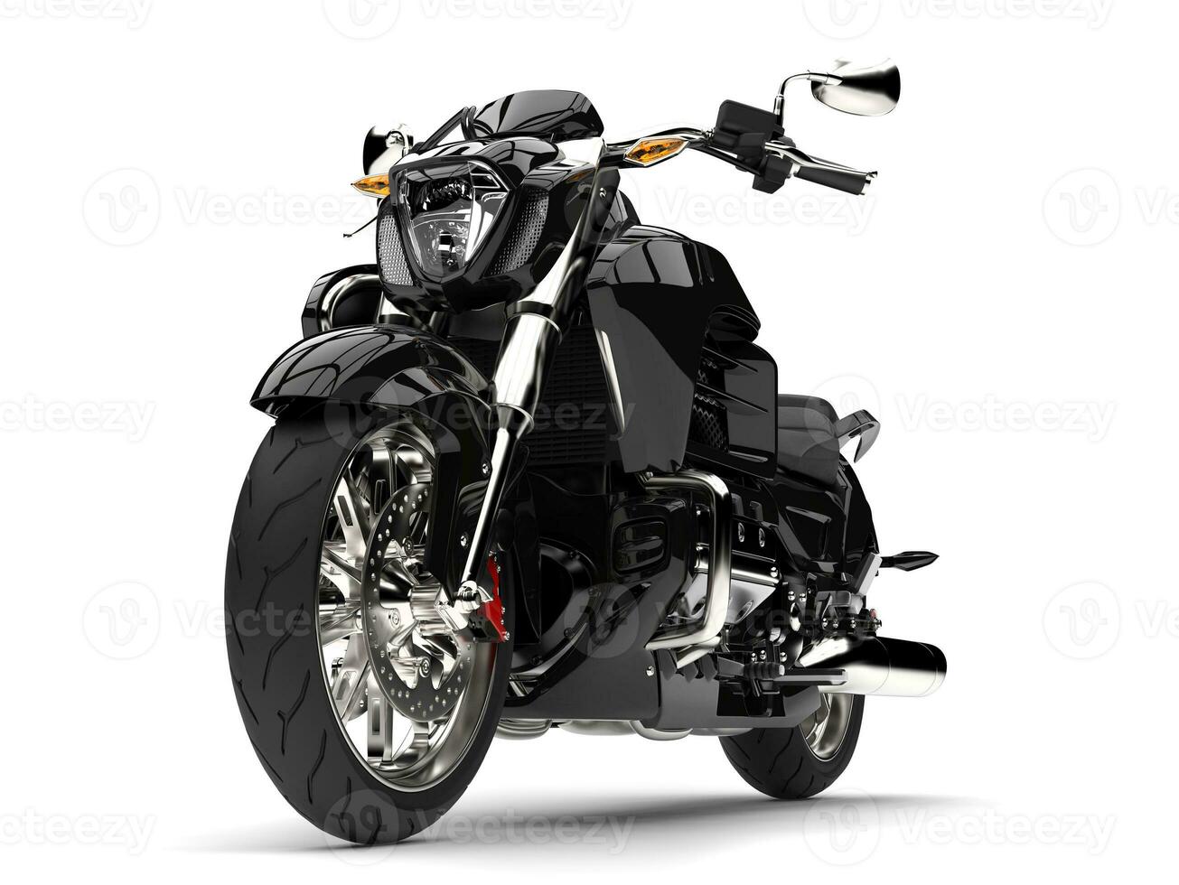 Black powerful modern chopper bike - front wheel closeup shot photo