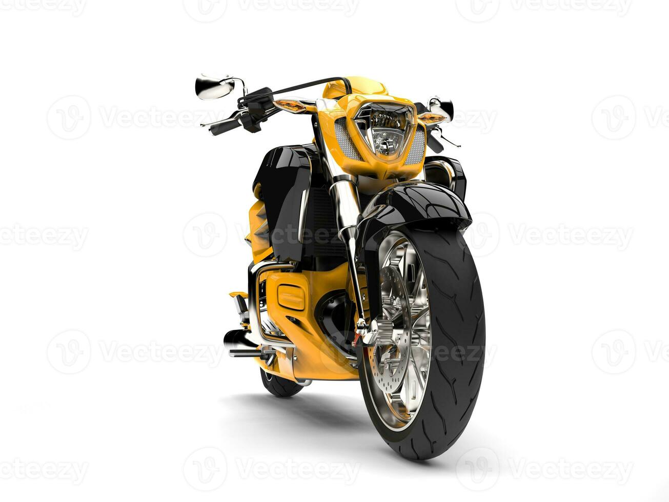 Sun yellow modern chopper motorcycle - front wheel closeup shot photo