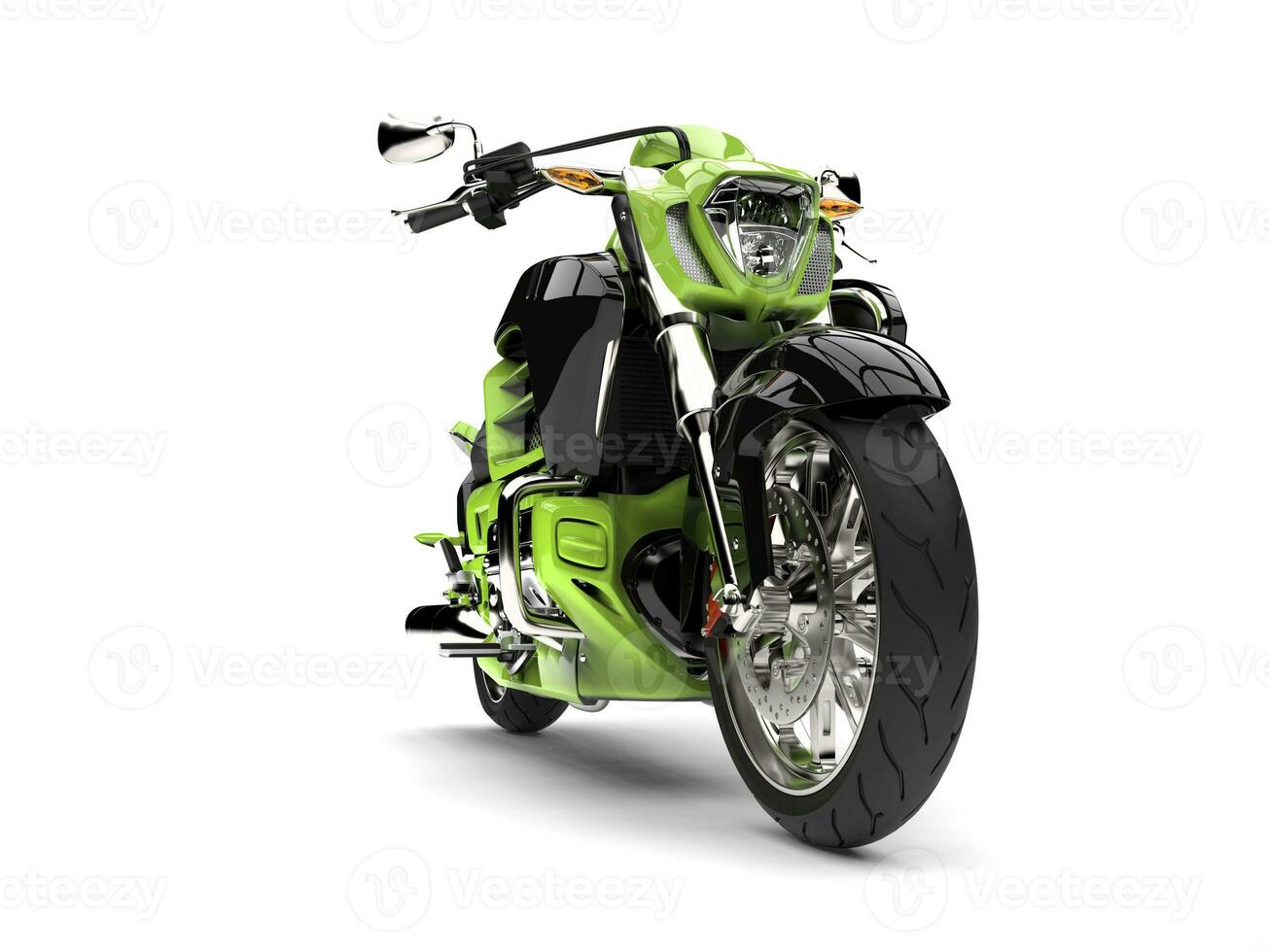 Crazy green modern powerful chopper bike - front wheel closeup shot photo