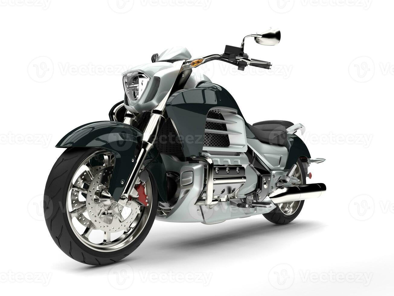Super silver modern powerful motorcycle - front view closeup shot photo