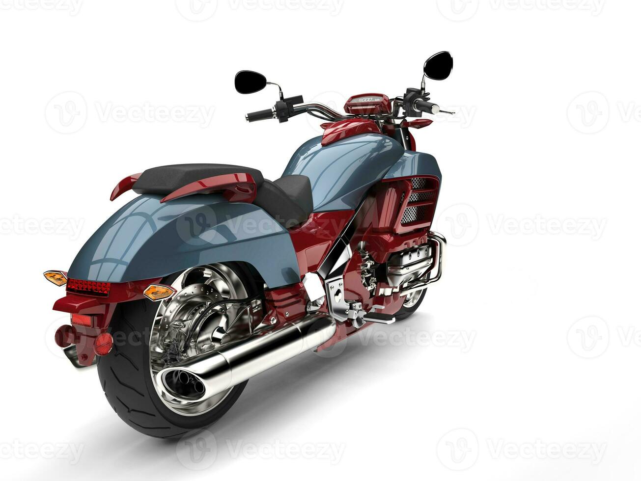 Metallic red and blue modern chopper bike - tail view photo