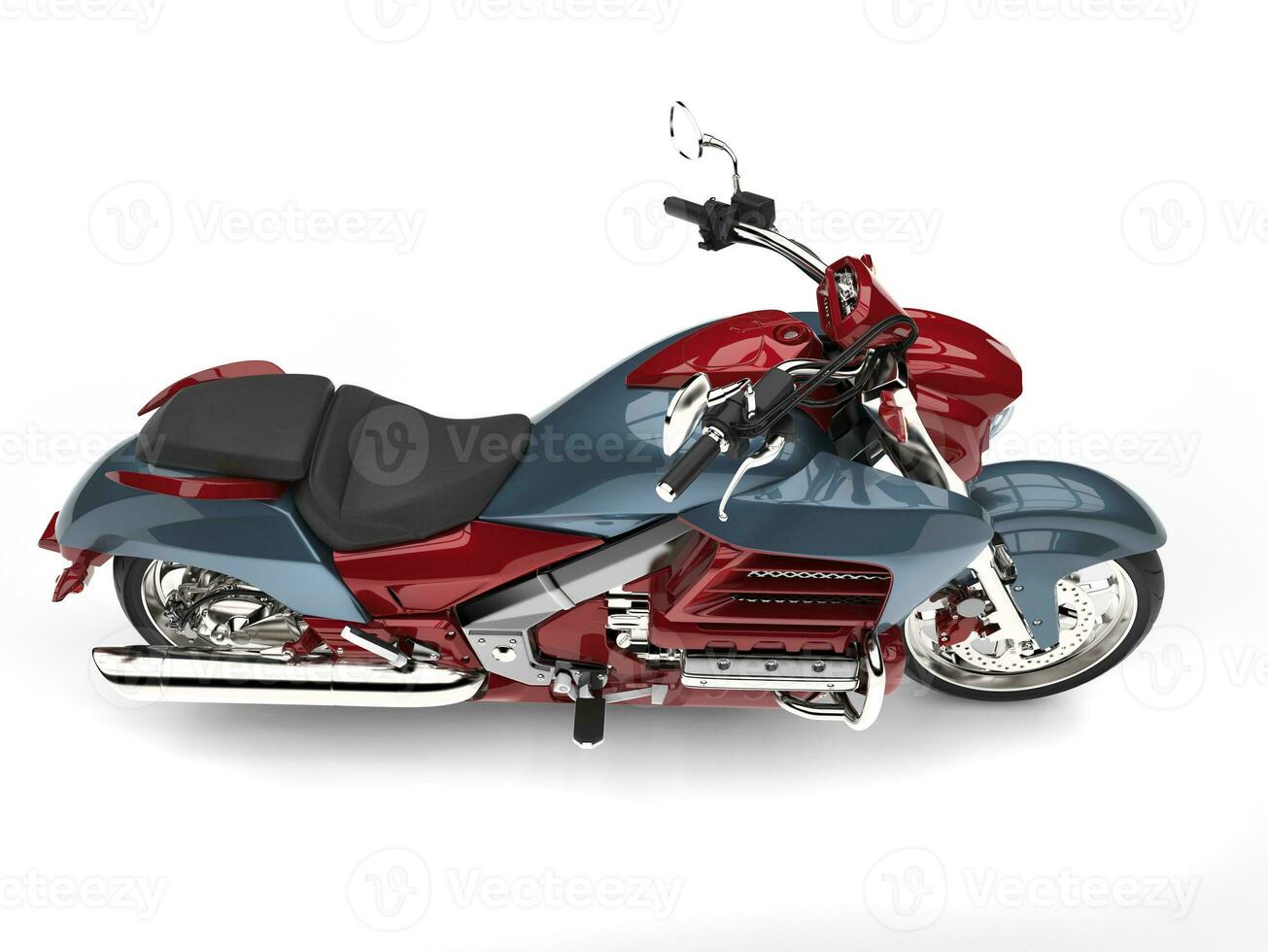 Metallic red and blue modern chopper bike - top down side view photo