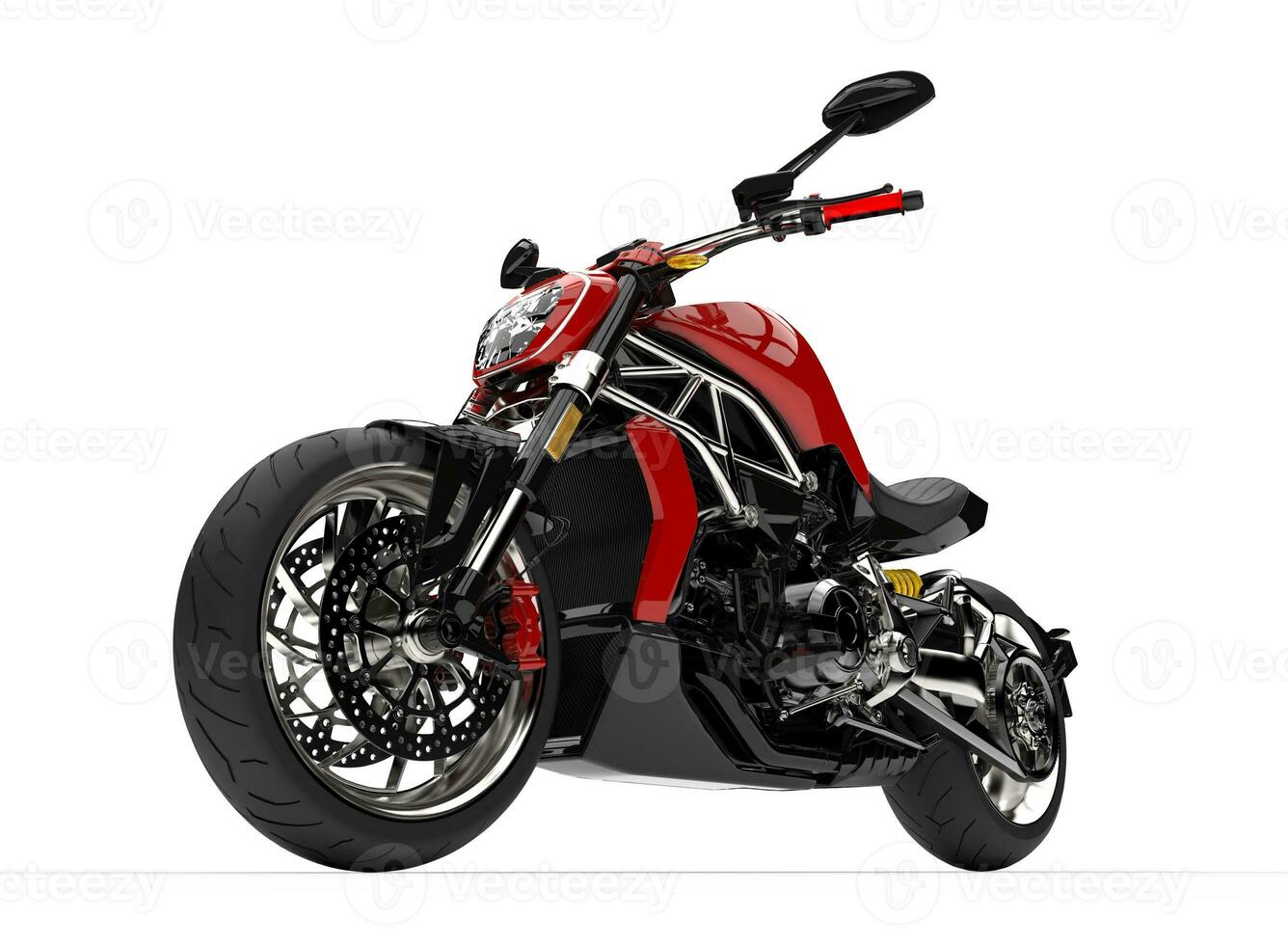 Powerful modern red sports motorcycle - front wheel closeup shot photo