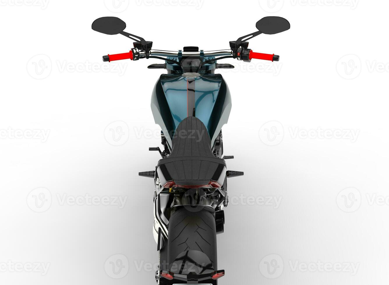 Dark cyan metallic chopper motorcycle - back view cut shot photo