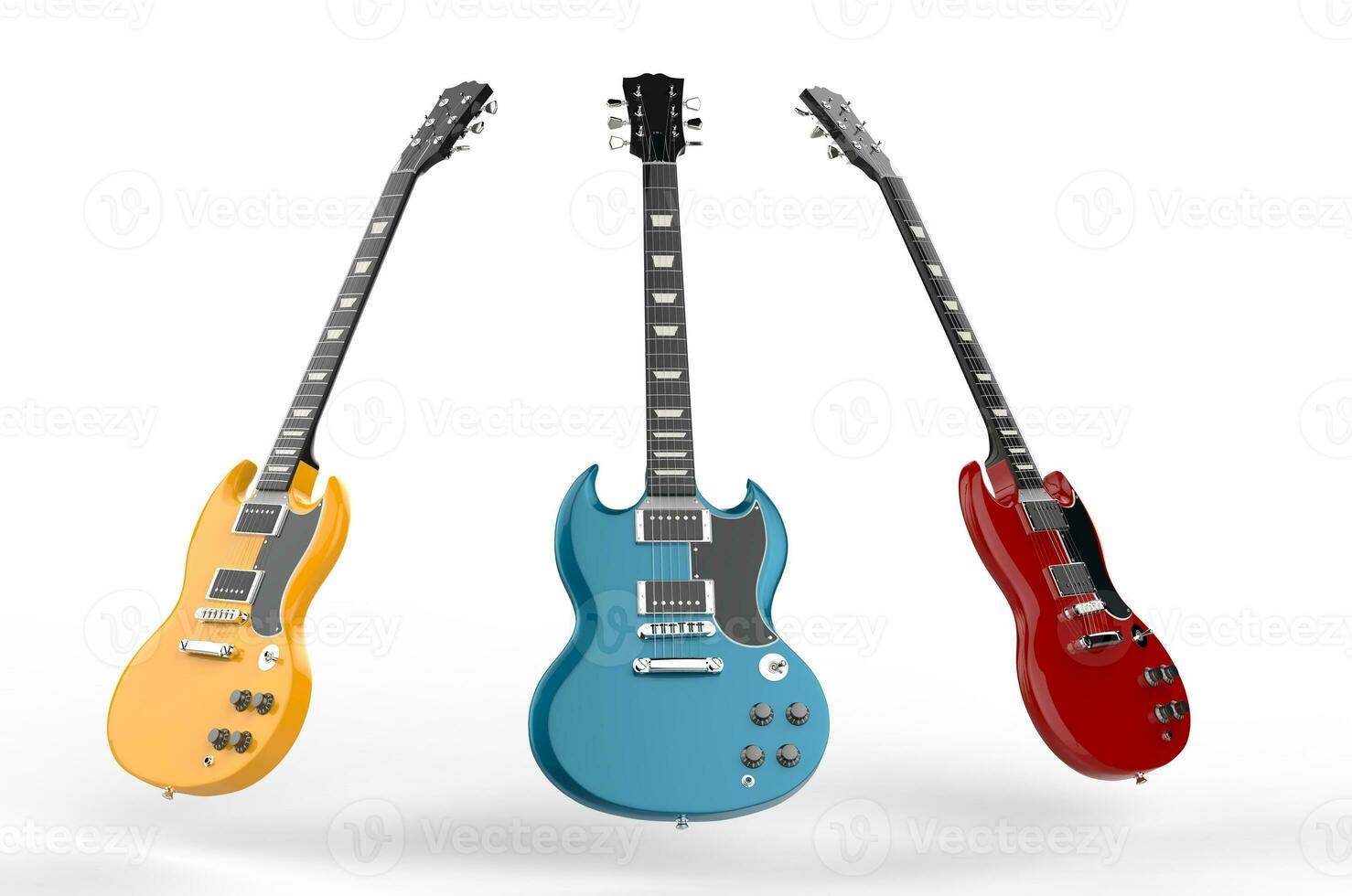 Yellow, blue and red electric guitars photo