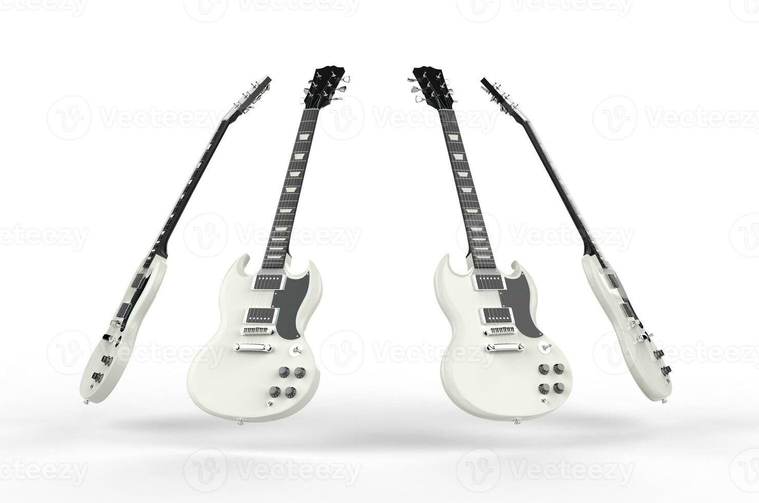 Four white electric guitars photo