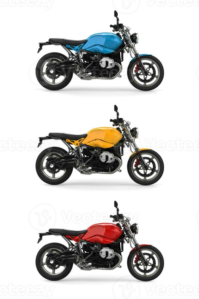 Set of three cool fast motorcycles in red, blue and yellow primary colors - side view photo
