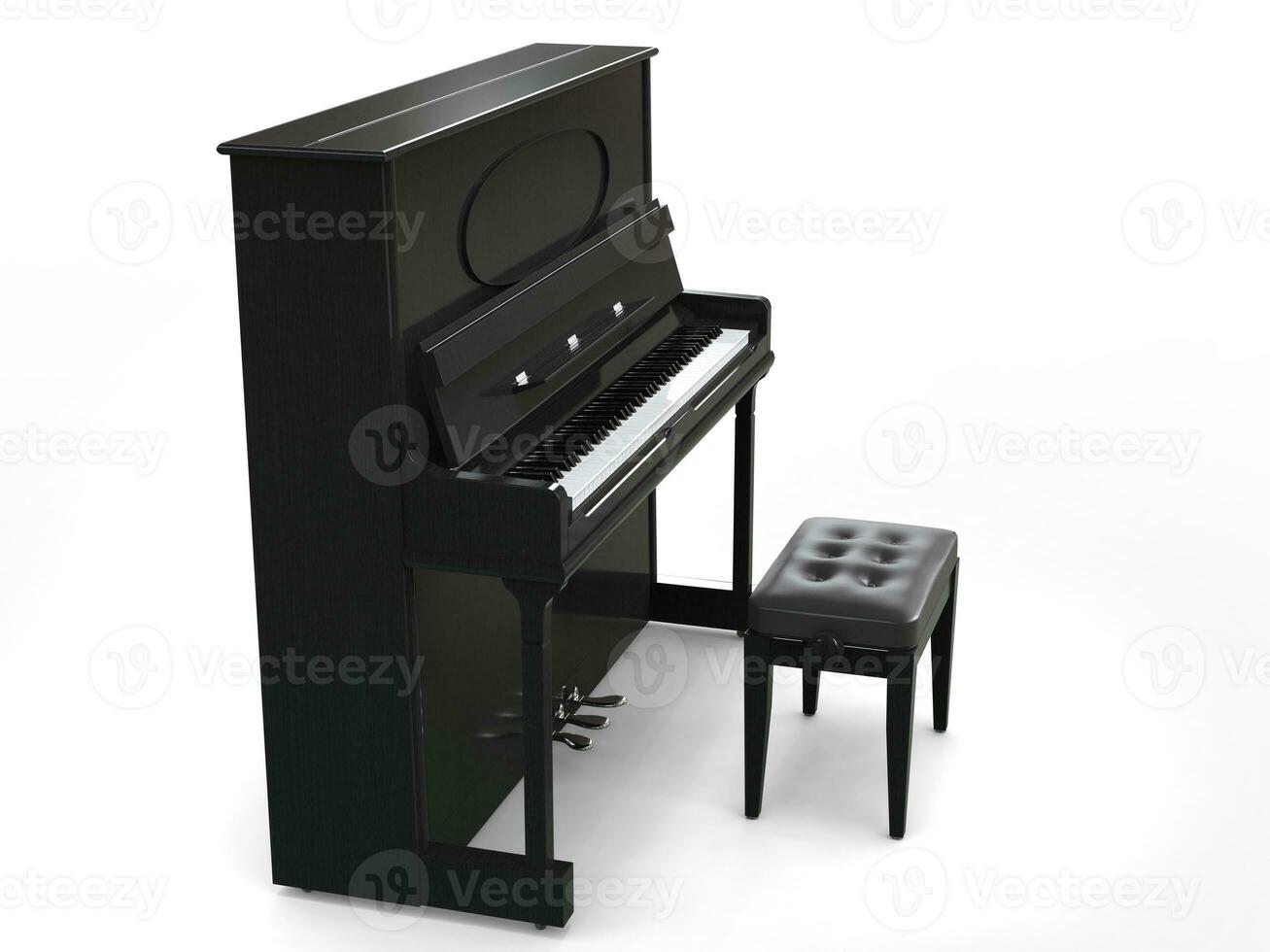Small upright piano with piano bench - on white background - side view - 3D render photo